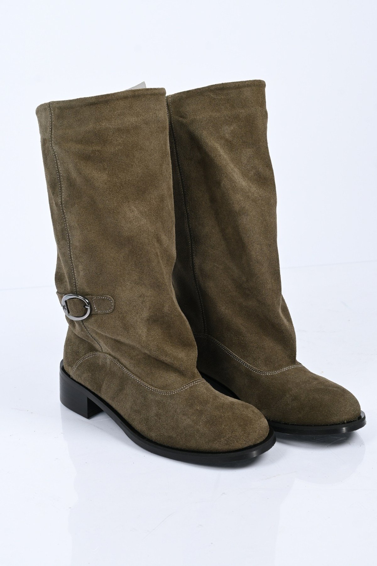 Bestello Bağcıksız Fermuarsız Hakiki Deri Geniş Konç Bot 340-5202 Kadın Bot340-5202_HAKI SUET_36Casual Boots