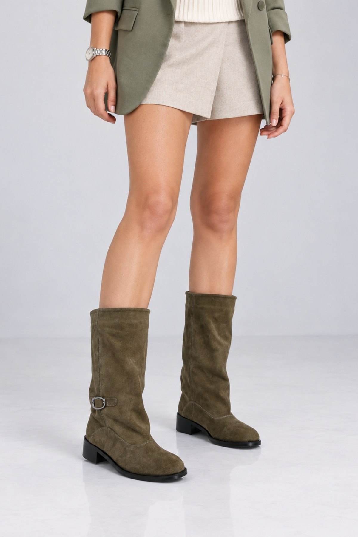 Bestello Bağcıksız Fermuarsız Hakiki Deri Geniş Konç Bot 340-5202 Kadın Bot340-5202_HAKI SUET_36Casual Boots