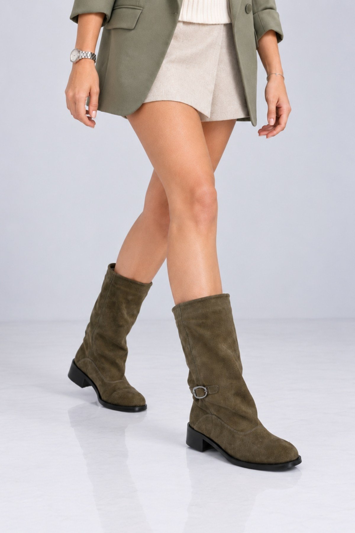 Bestello Bağcıksız Fermuarsız Hakiki Deri Geniş Konç Bot 340-5202 Kadın Bot340-5202_HAKI SUET_36Casual Boots