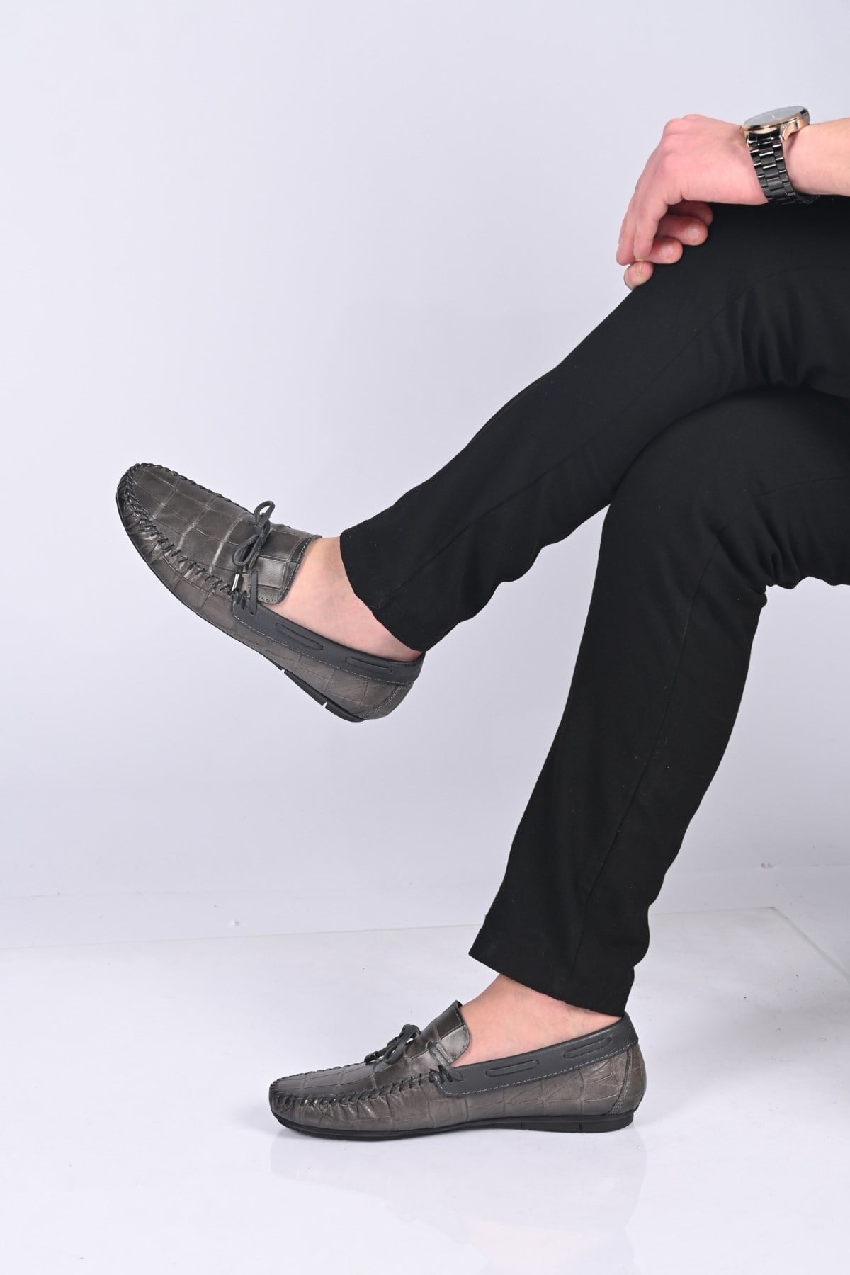 Bestello Bağcıksız Fiyonklu Poliüretan Taban Hakiki Deri Loafer 028-2068-26Y Erkek Ayakkabı028-2068-26Y_GRI KROKO_39Loafer