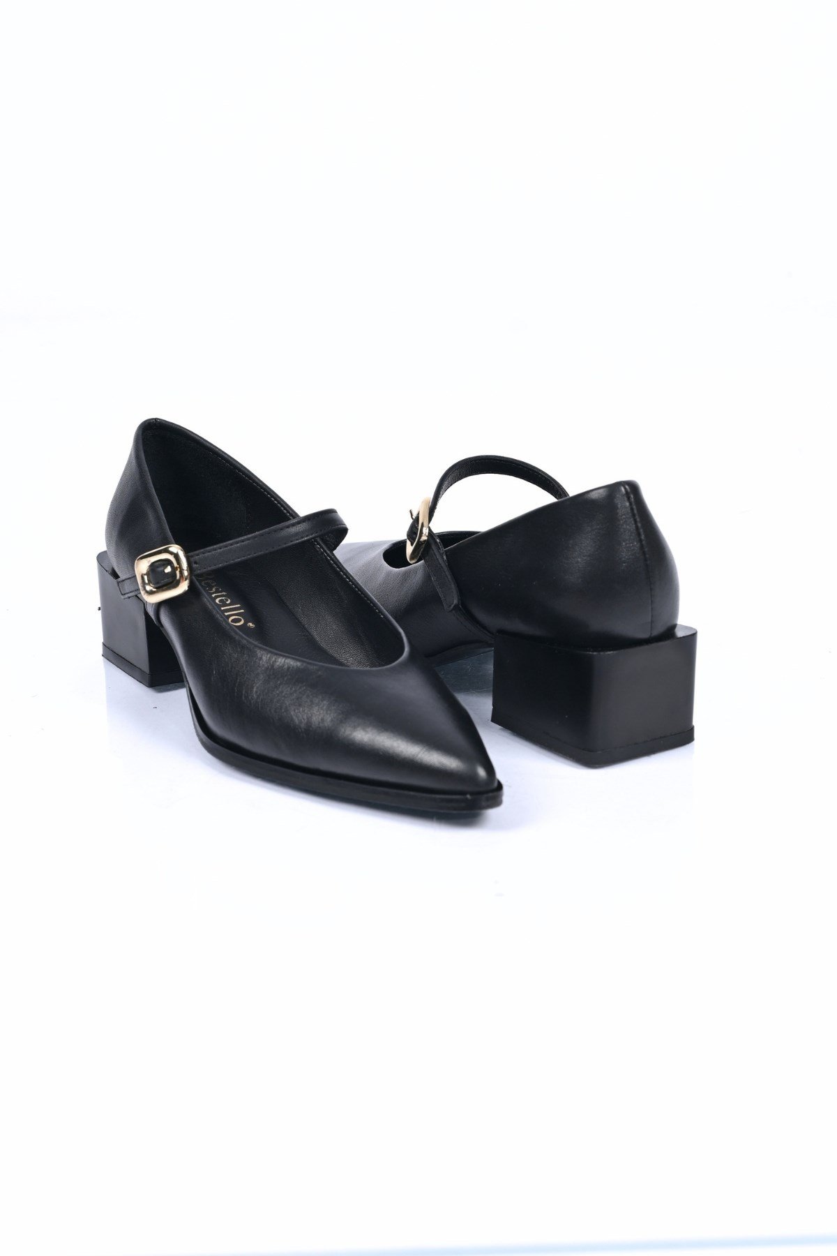 Bestello Bağcıksız Kemer Tokalı Neolit Taban Hakiki Deri Kalın Topuklu Ayakkabı 342-042 Kadın Ayakka342-042_SIYAH_35Thick Heels