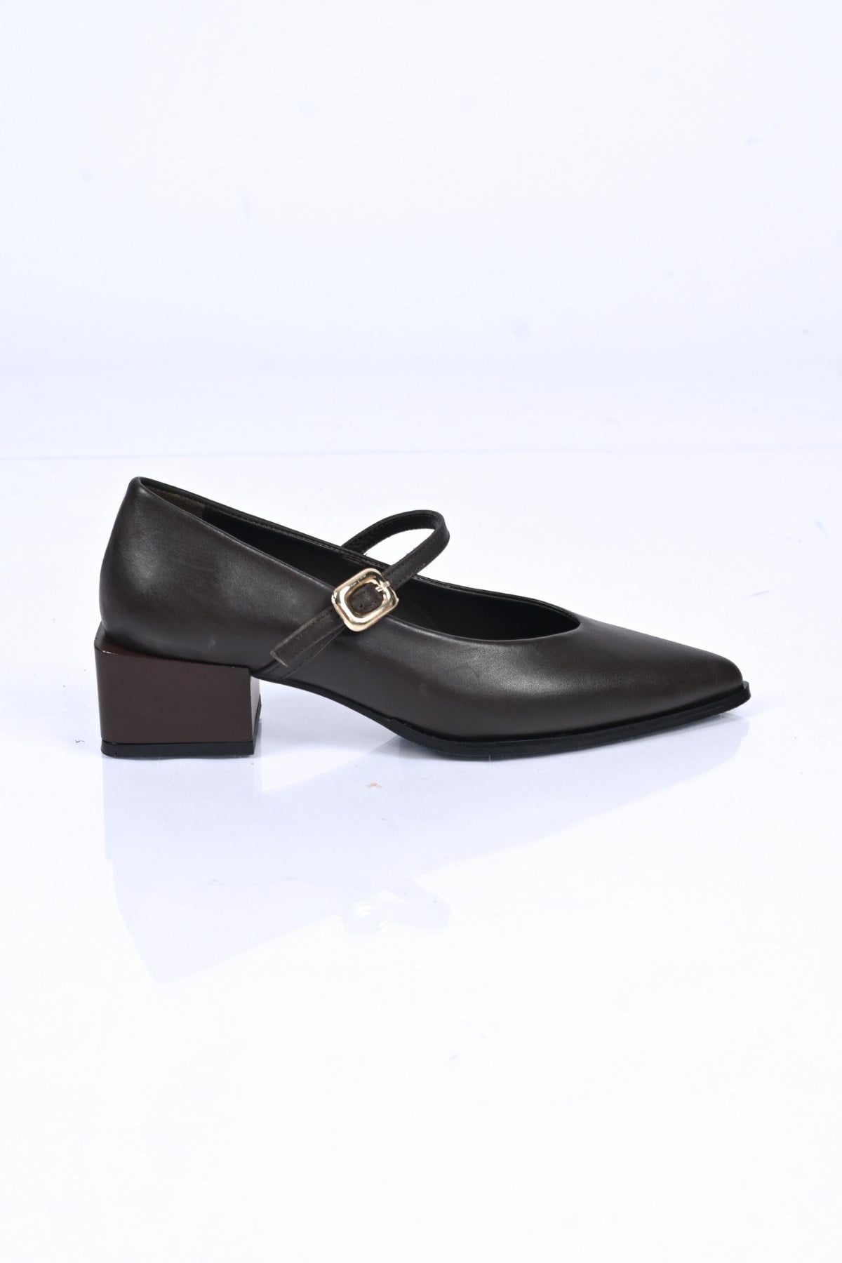 Bestello Bağcıksız Kemer Tokalı Neolit Taban Hakiki Deri Kalın Topuklu Ayakkabı 342-042 Kadın Ayakka342-042_KAHVE_35Thick Heels