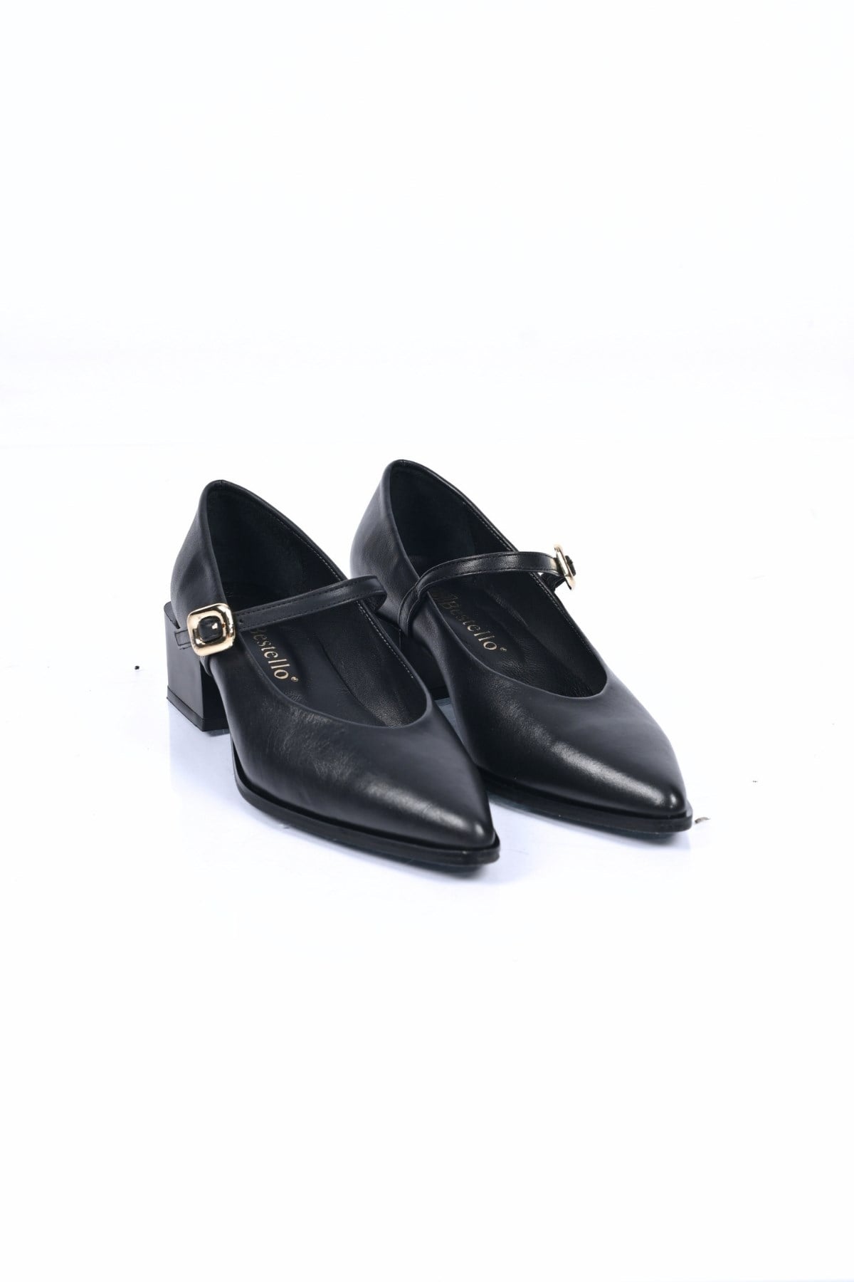 Bestello Bağcıksız Kemer Tokalı Neolit Taban Hakiki Deri Kalın Topuklu Ayakkabı 342-042 Kadın Ayakka342-042_SIYAH_35Thick Heels