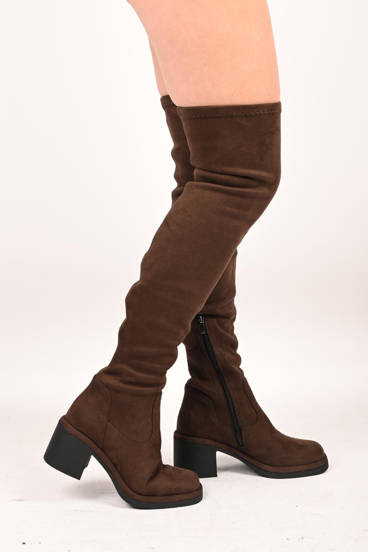 Bestello Bağcıksız Streç Detaylı Termo Taban Hakiki Deri Çizme 336-1236 Kadın Çizme336-1236_KAHVE SUET_36High Boots