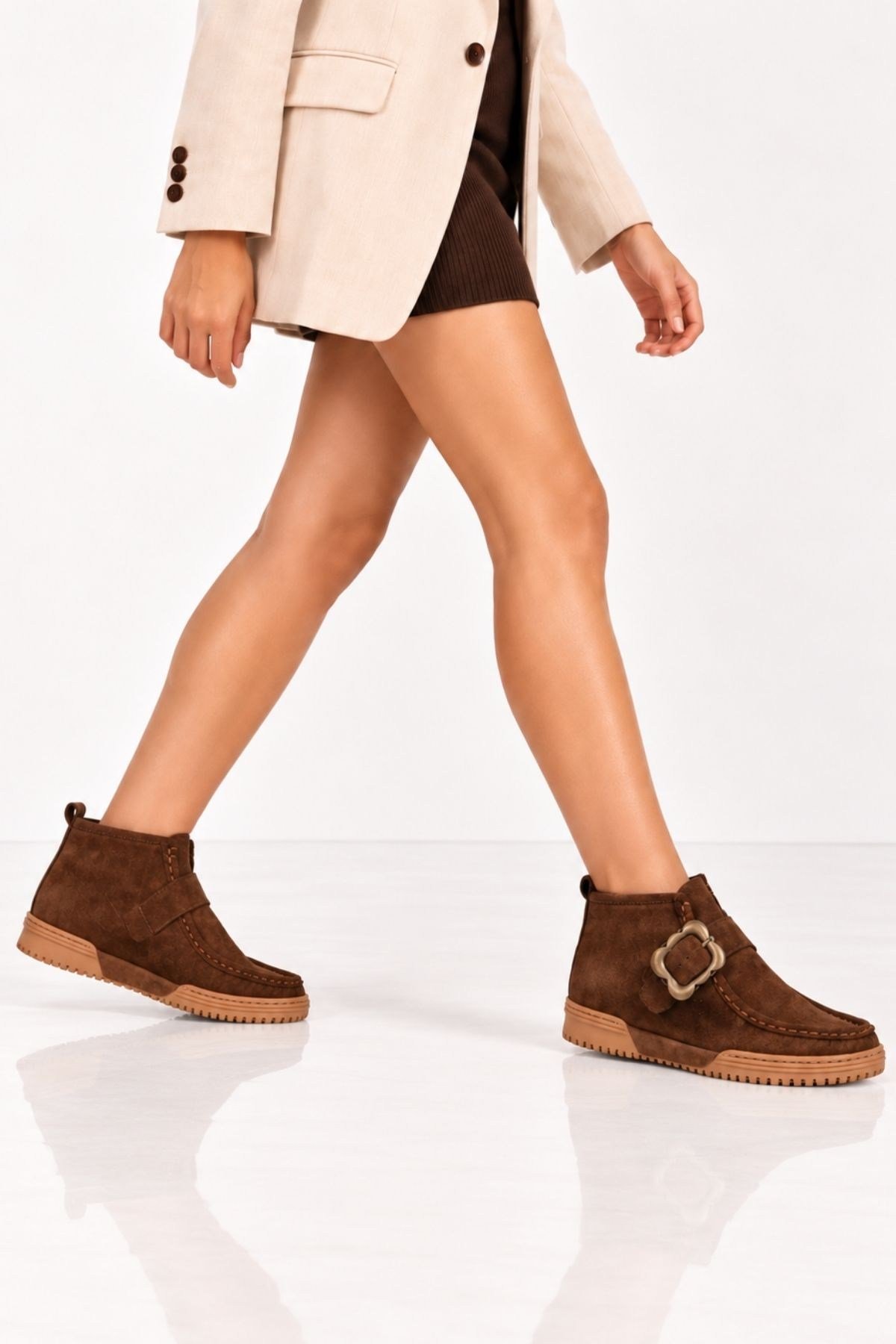 Bestello Bağcıksız Tokalı Hakiki Deri Kısa Bot 341-1200 Kadın Bot341-1200_KAHVE SUET_36Casual Boots