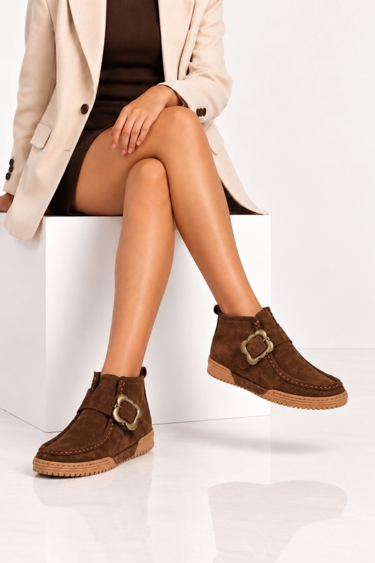 Bestello Bağcıksız Tokalı Hakiki Deri Kısa Bot 341-1200 Kadın Bot341-1200_KAHVE SUET_36Casual Boots