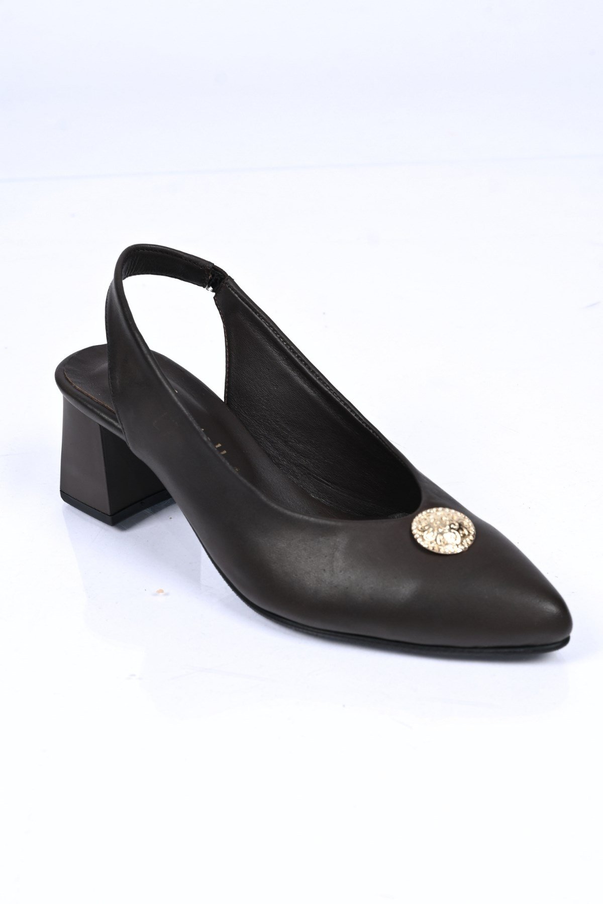 Bestello Bağcıksız Tokalı Neolit Taban Hakiki Deri Arkası Açık Kalın Topuklu Ayakkabı 342-563 Kadın 342-563_KAHVE_35Thick Heels