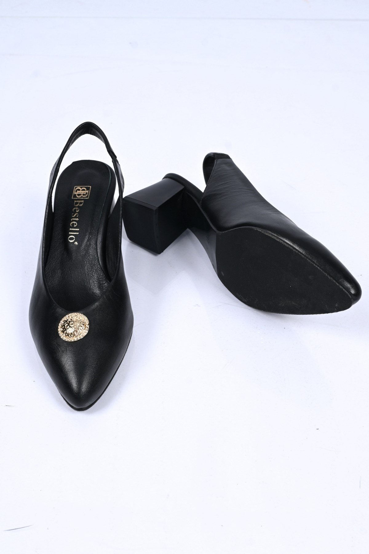 Bestello Bağcıksız Tokalı Neolit Taban Hakiki Deri Arkası Açık Kalın Topuklu Ayakkabı 342-563 Kadın 342-563_SIYAH_35Thick Heels