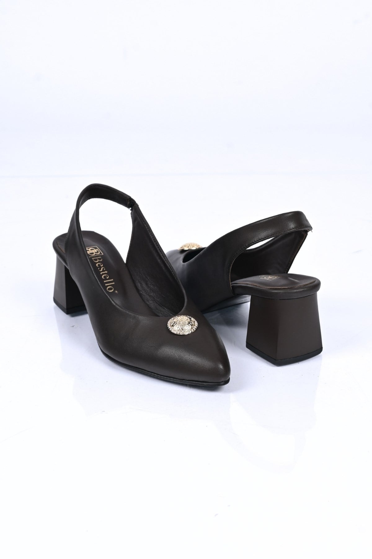 Bestello Bağcıksız Tokalı Neolit Taban Hakiki Deri Arkası Açık Kalın Topuklu Ayakkabı 342-563 Kadın 342-563_KAHVE_35Thick Heels