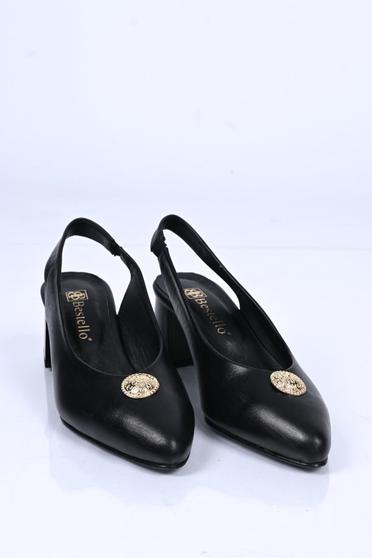 Bestello Bağcıksız Tokalı Neolit Taban Hakiki Deri Arkası Açık Kalın Topuklu Ayakkabı 342-563 Kadın 342-563_SIYAH_35Thick Heels