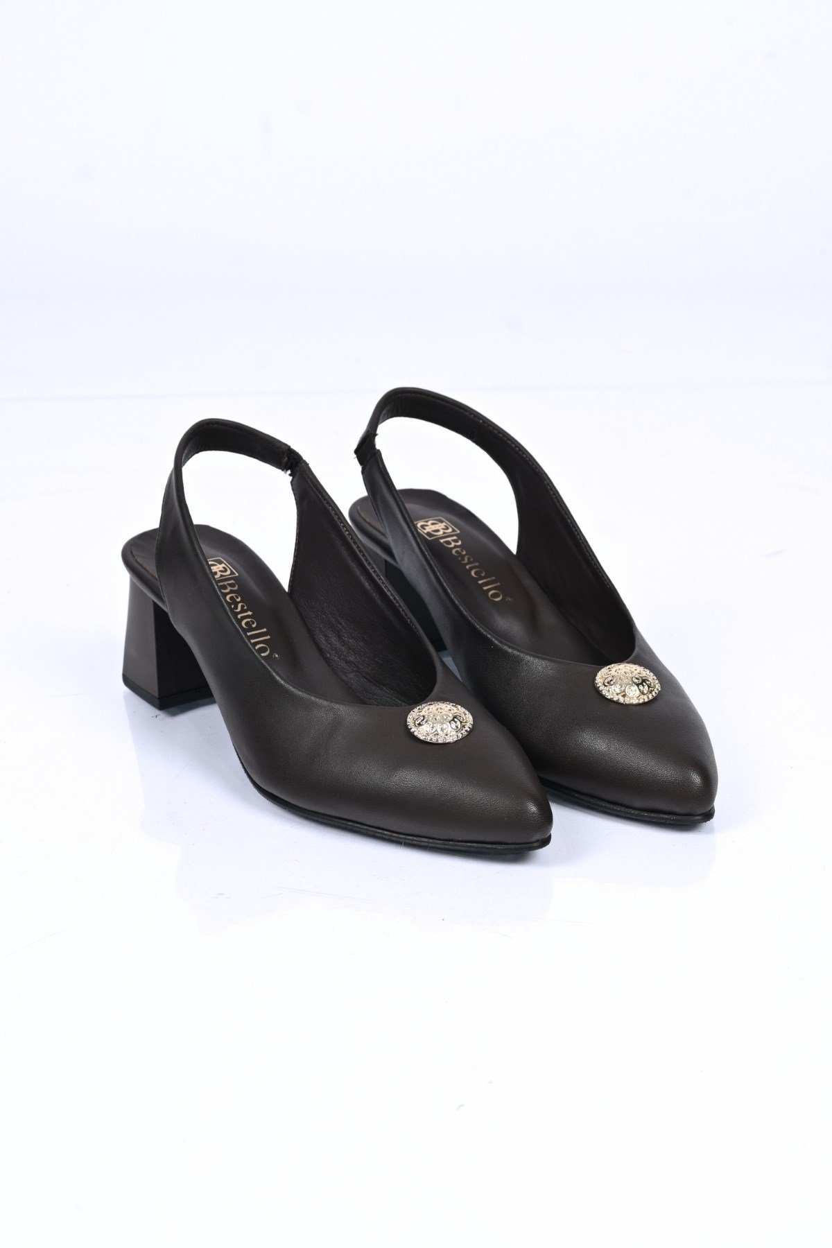 Bestello Bağcıksız Tokalı Neolit Taban Hakiki Deri Arkası Açık Kalın Topuklu Ayakkabı 342-563 Kadın 342-563_KAHVE_35Thick Heels