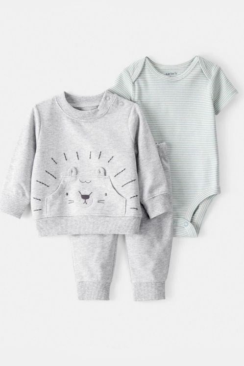 Carter's Erkek Bebek Aslan Temalı 3'lü Sweatshirt ve Pantolon Takımı - Gri/Yeşil (0-24 Ay)