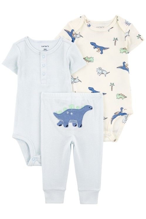 Carter's Erkek Bebek Dinozor Temalı 3'lü Zıbın ve Pantolon Takımı - Mavi (0-24 Ay)