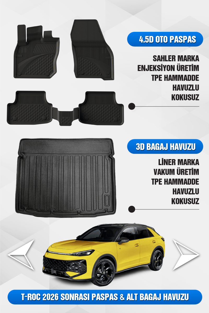 Volkswagen T-Roc 2026 Sonrası Uyumlu 4.5D Premium Havuzlu Oto Paspas ve Liner ALT Bagaj Havuzu