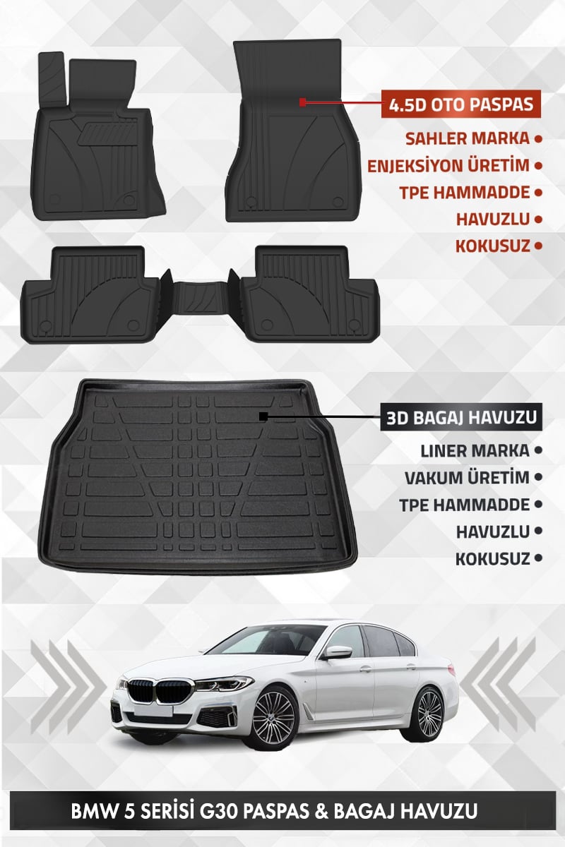 BMW G30 5 Serisi 2017-2023 Uyumlu 4.5D PRO Premium Havuzlu Oto Paspas ve Liner Bagaj Havuzu