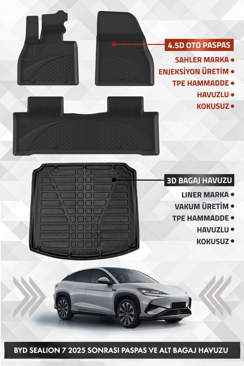 BYD Sealion 7 2025 ve Sonrası Uyumlu 4.5D Premium Havuzlu Oto Paspas ve Lıner ALT Bagaj Havuzu SET 