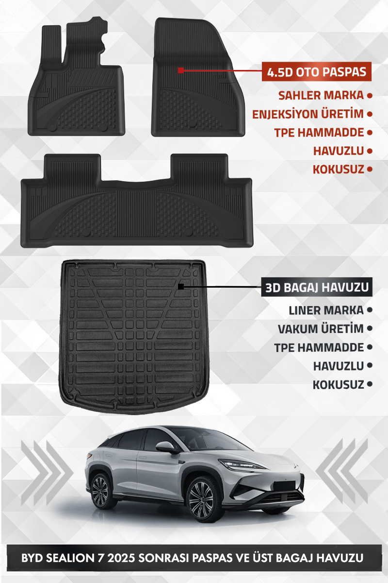 BYD Sealion 7 2025 ve Sonrası Uyumlu 4.5D Premium Havuzlu Oto Paspas ve Lıner ÜST Bagaj Havuzu SET 