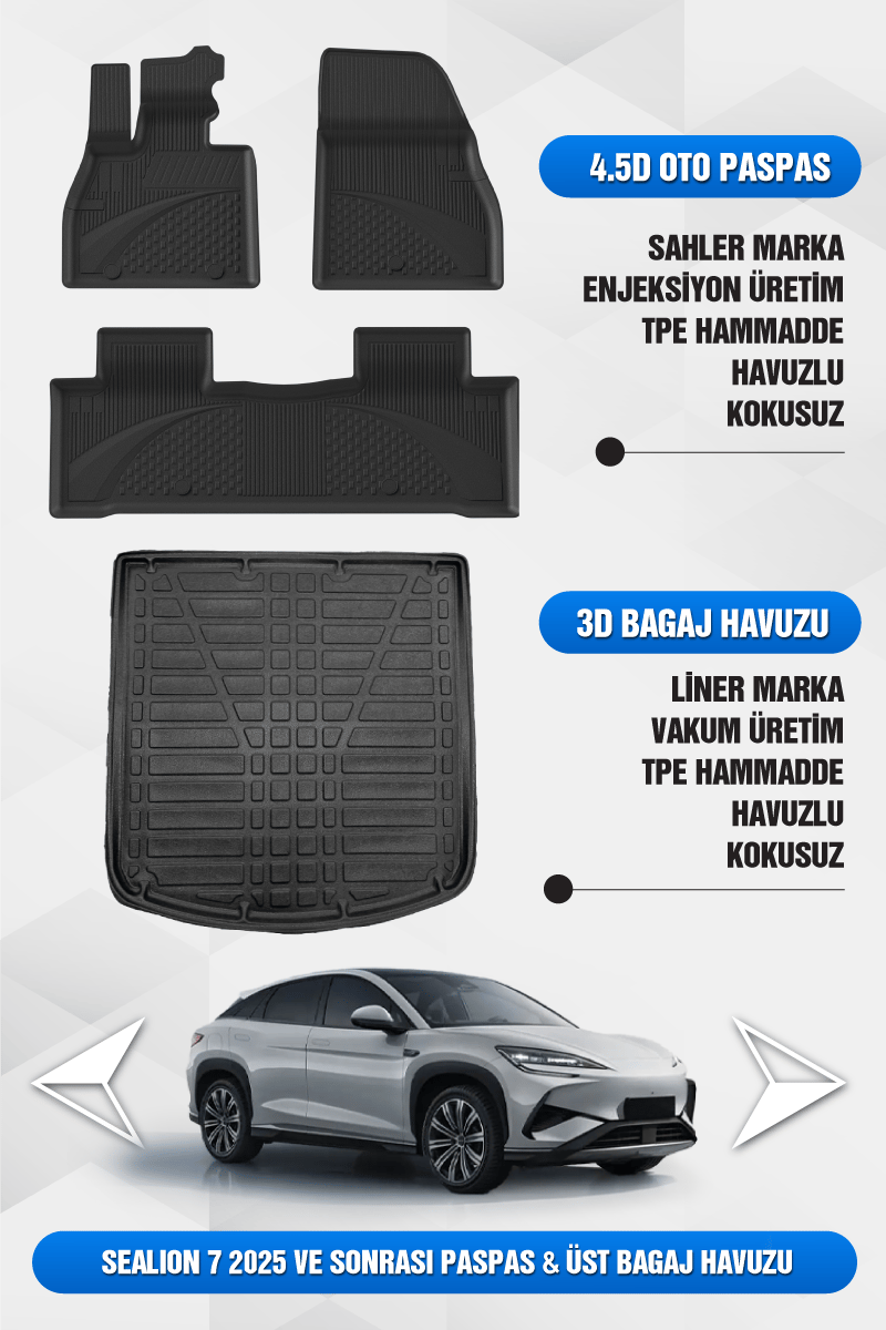 BYD Sealion 7 2025 ve Sonrası Uyumlu 4.5D Premium Havuzlu Oto Paspas ve Lıner ÜST Bagaj Havuzu SET 
