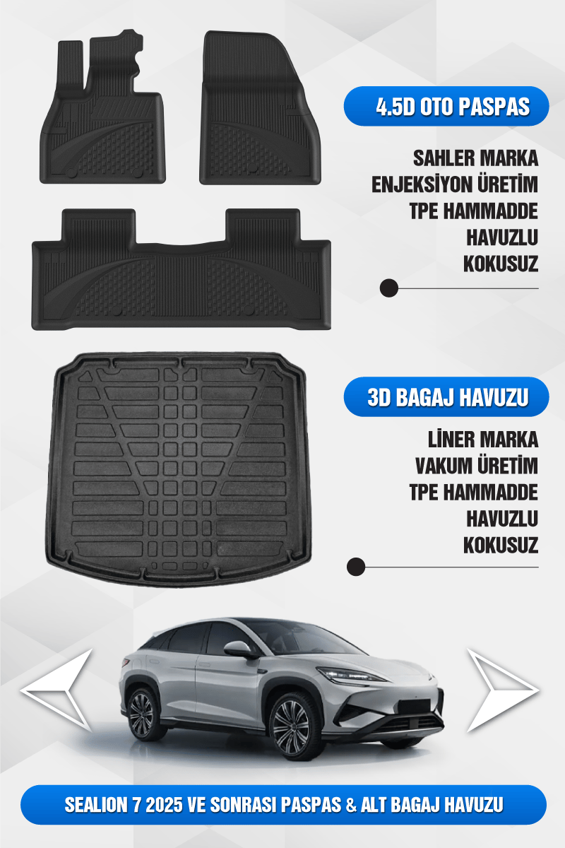 BYD Sealion 7 2025 ve Sonrası Uyumlu 4.5D Premium Havuzlu Oto Paspas ve Lıner ALT Bagaj Havuzu SET 