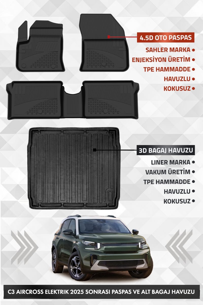 Citroen C3 Aircross Elektrikli 2025 Sonrası Uyumlu 4.5D Premium Havuzlu Paspas ve Liner ALT Bagaj