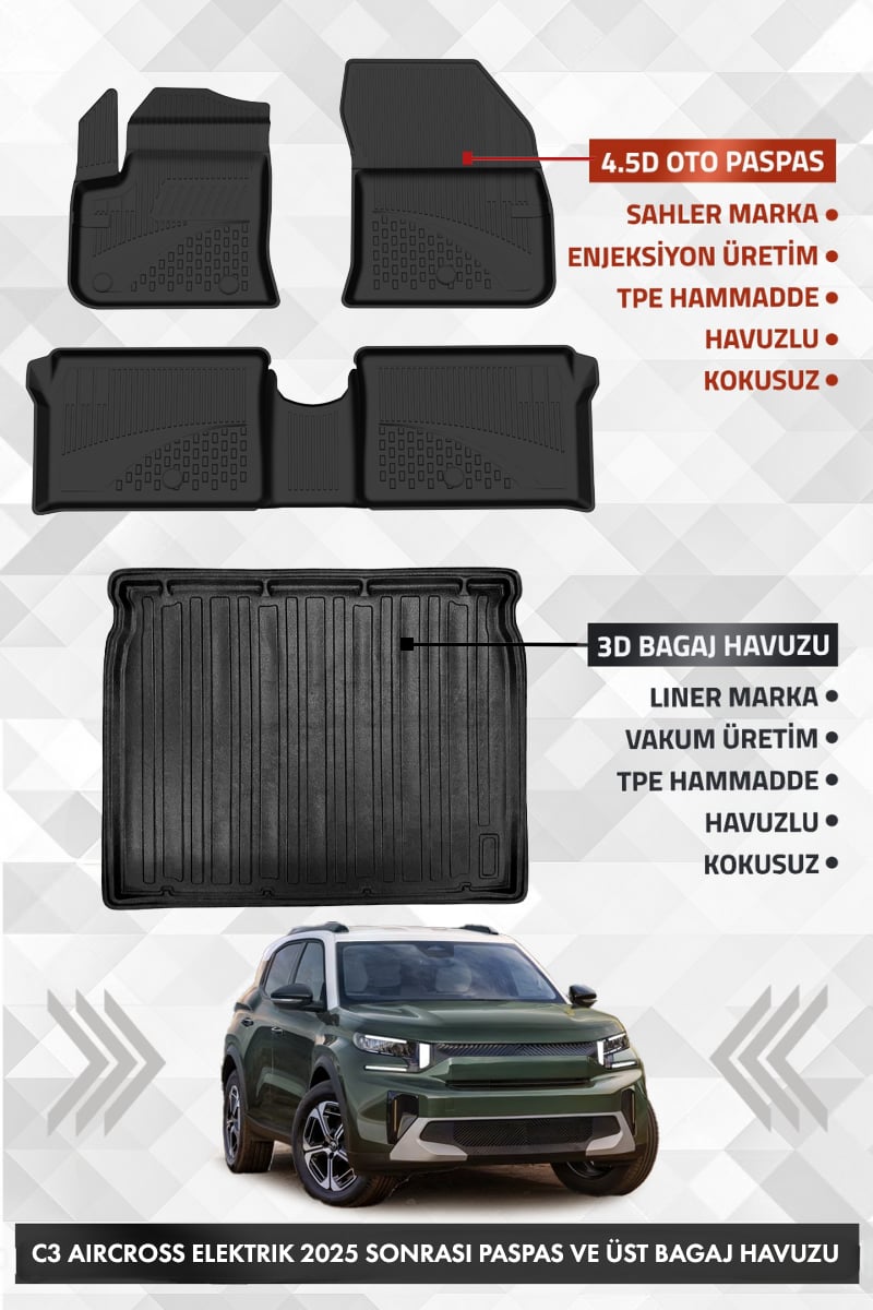 Citroen C3 Aircross Elektrikli 2025 Sonrası Uyumlu 4.5D Premium Havuzlu Paspas ve Liner ÜST Bagaj