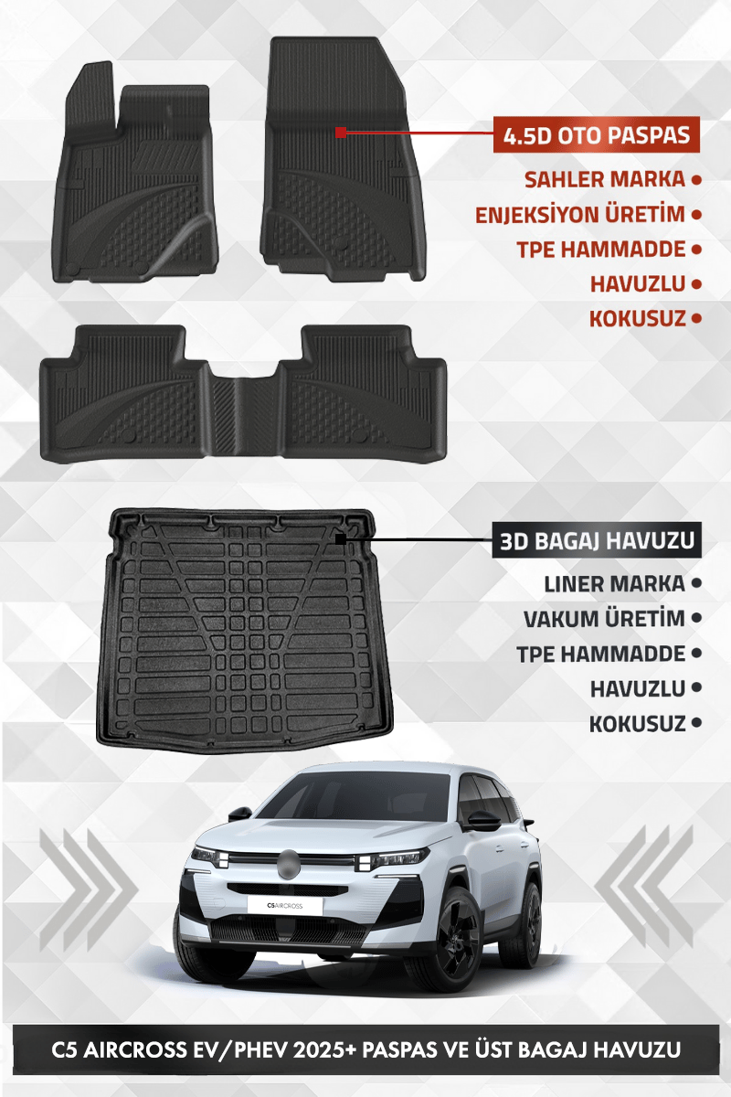 Citroen C5 Aircross Elektrikli/Plug in Hybrid 2025+ Uyumlu 4.5D SAHLER Premium Havuzlu Paspas ve Liner Marka ÜST Bagaj Havuzu