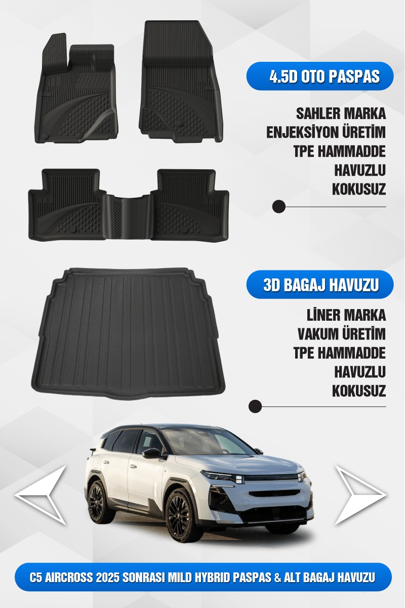 Citroen C5 Aircross Mild Hybrid 2025+ Uyumlu 4.5D SAHLER Premium Havuzlu Paspas ve Liner Marka ALT Bagaj Havuzu