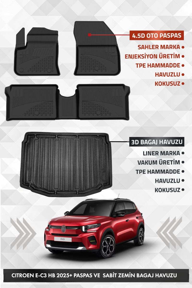 Citroen E-C3 2025 ve Sonrası Uyumlu SAHLER 4.5D Premium Havuzlu Paspas ve Liner Bagaj Havuzu -  E-C3