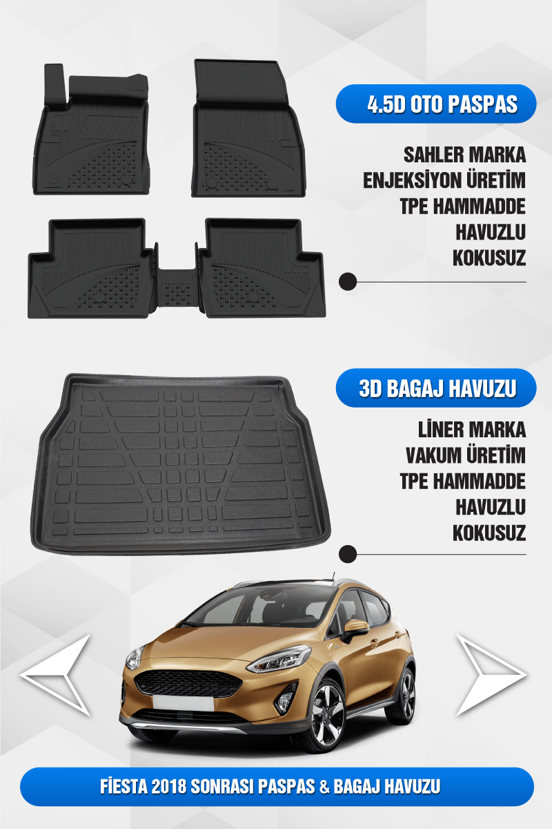 Ford Fiesta 2018 ve Sonrası Uyumlu 4.5D Premium Havuzlu Oto Paspas ve Liner Bagaj Havuzu