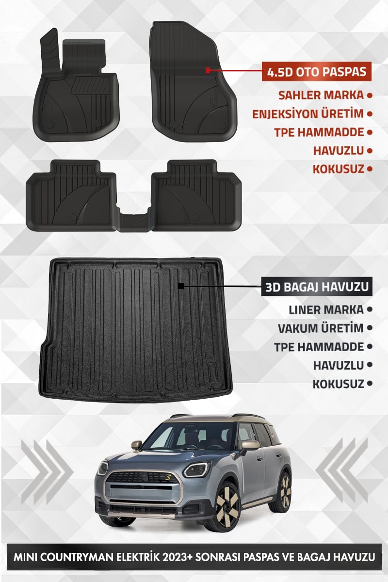 Mini Countryman 2024 ve Sonrası Uyumlu 4.5D PRO Premium Havuzlu Oto Paspas ve LINER Bagaj Havuzu Set