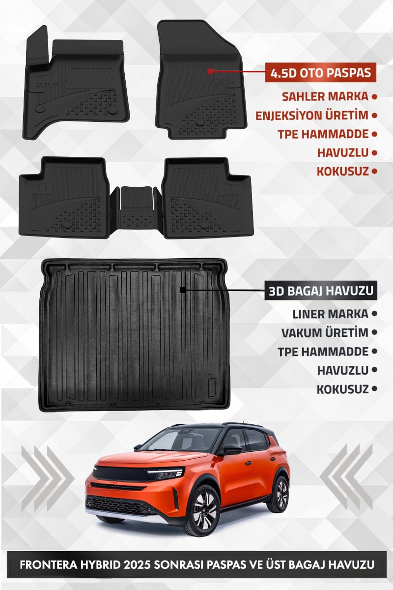 Opel Frontera Hybrid 2025 ve Sonrası Uyumlu 4.5D Premium Havuzlu Oto paspas ve Liner ÜST Bagaj