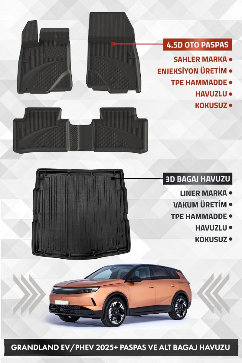 Opel Grandland Elektrikli / Plug in Hybrid 2025+ Uyumlu 4.5D SAHLER Premium Havuzlu Paspas ve Liner Marka 3D ALT Bagaj Havuzu