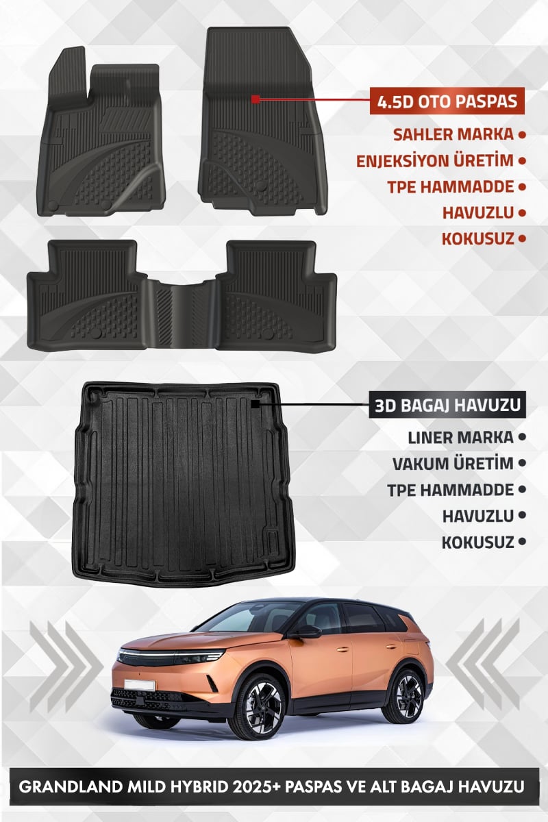 Opel Grandland Mild Hybrid 2025+ Uyumlu 4.5D SAHLER Premium Havuzlu Paspas ve Liner Marka 3D ALT Bagaj Havuzu