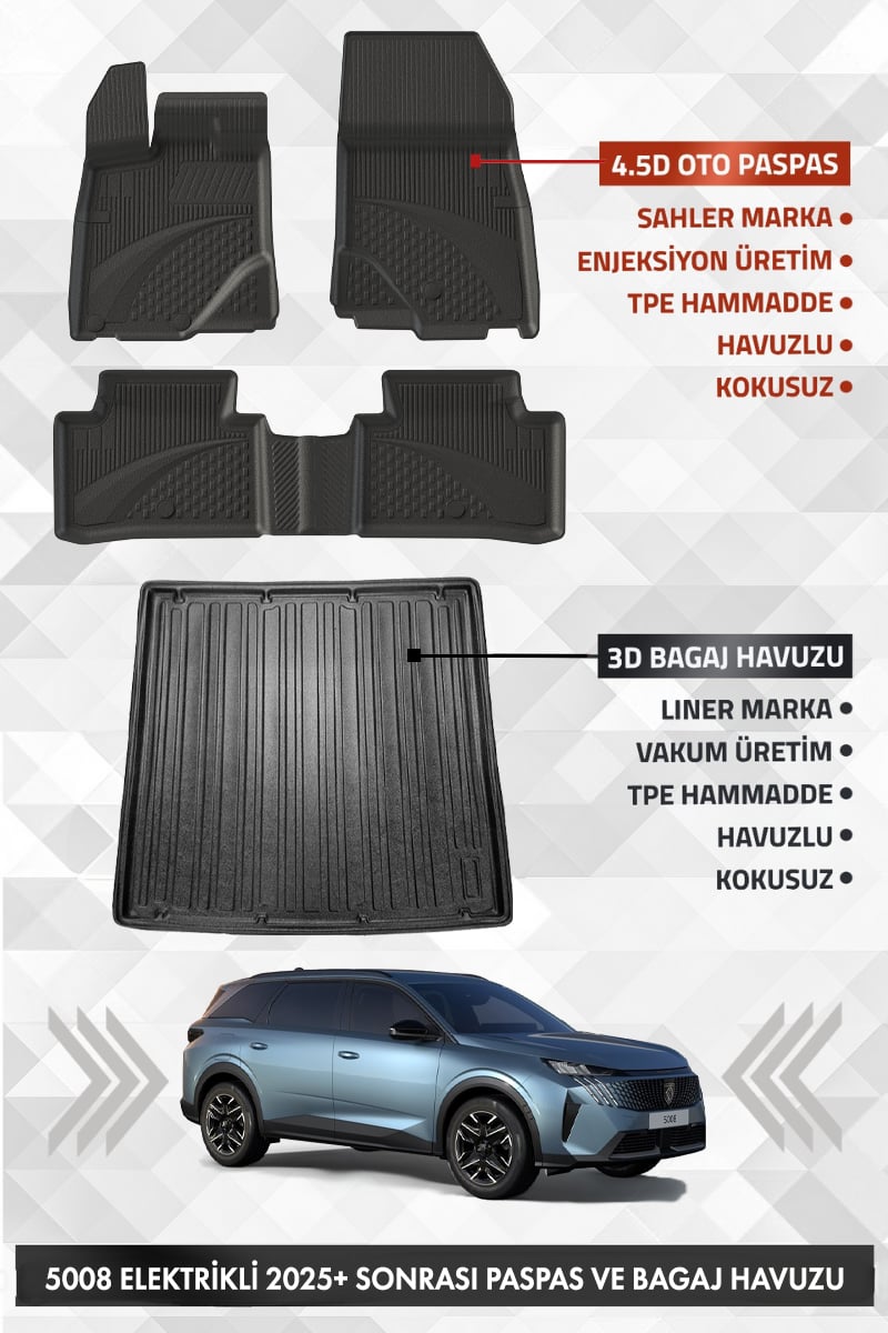 Peuegot 5008 Elektrikli 2024 Sonrası Uyumlu 4.5D Premium Havuzlu Oto Paspas ve Liner Bagaj Havuzu