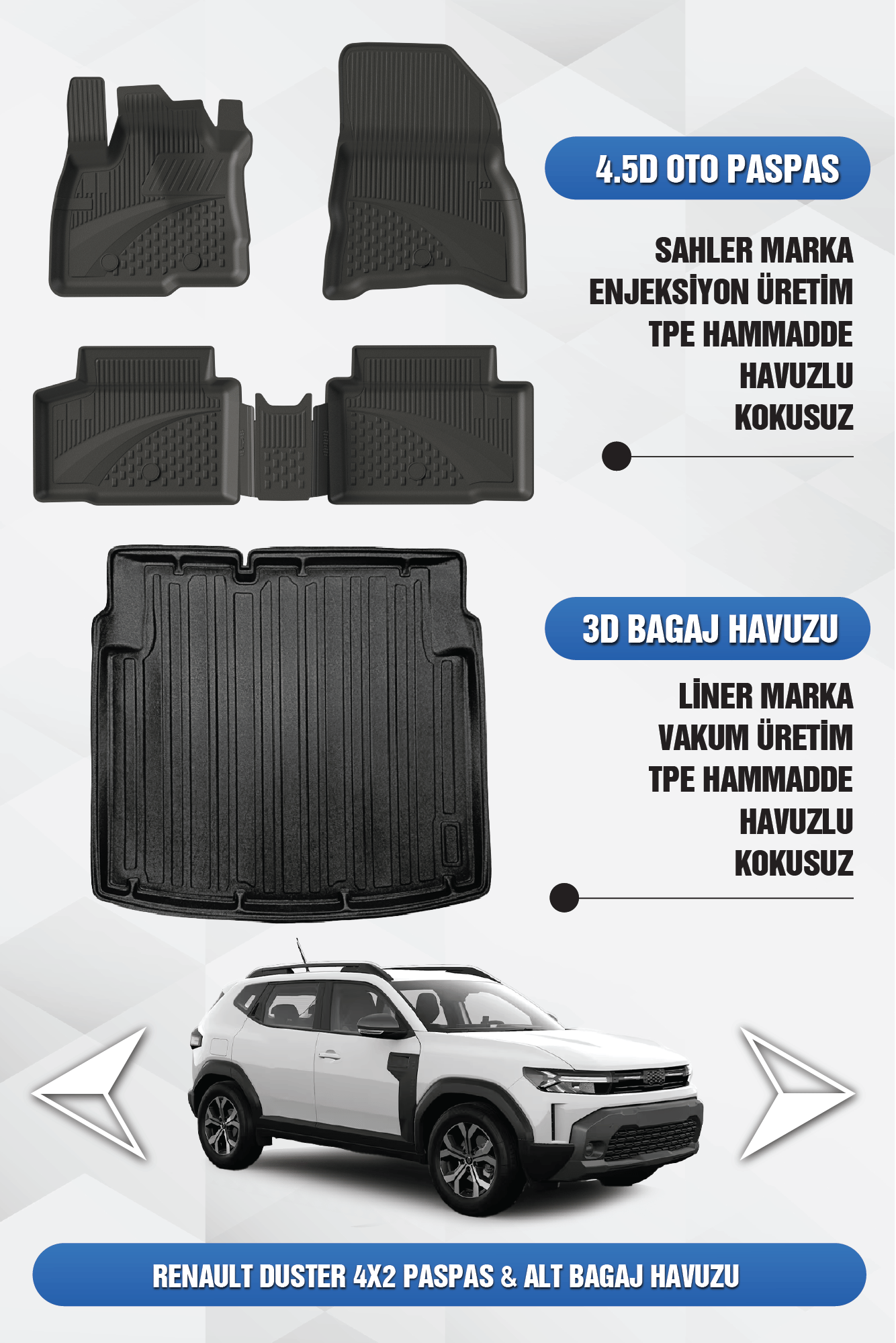 Renault Duster 1.3 TCe 2024 Sonrası Uyumlu 4.5D Premium Havuzlu Oto Paspas ve Liner ALT Bagaj Havuzu