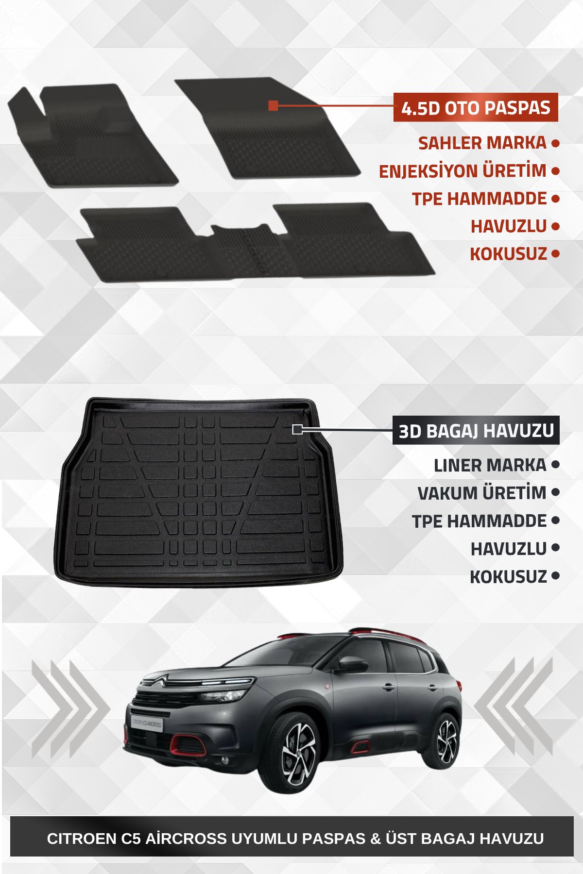 Sahler C5 Aircross 2019-2025 Uyumlu 4.5D Premium Havuzlu Oto Paspas Ve Liner Marka 3D ÜST Bagaj Havuzu 