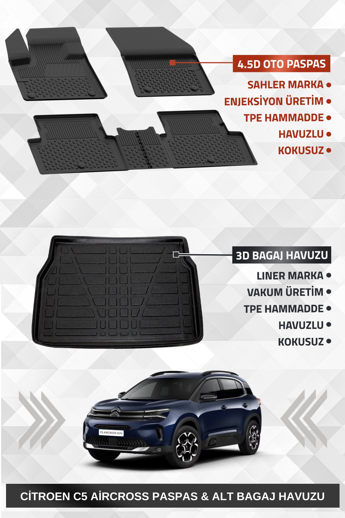 Sahler C5 Aircross 2019+ Uyumlu 4.5D Premium Havuzlu Oto Paspas Ve Liner Marka 3d ALT Bagaj Havuzu 