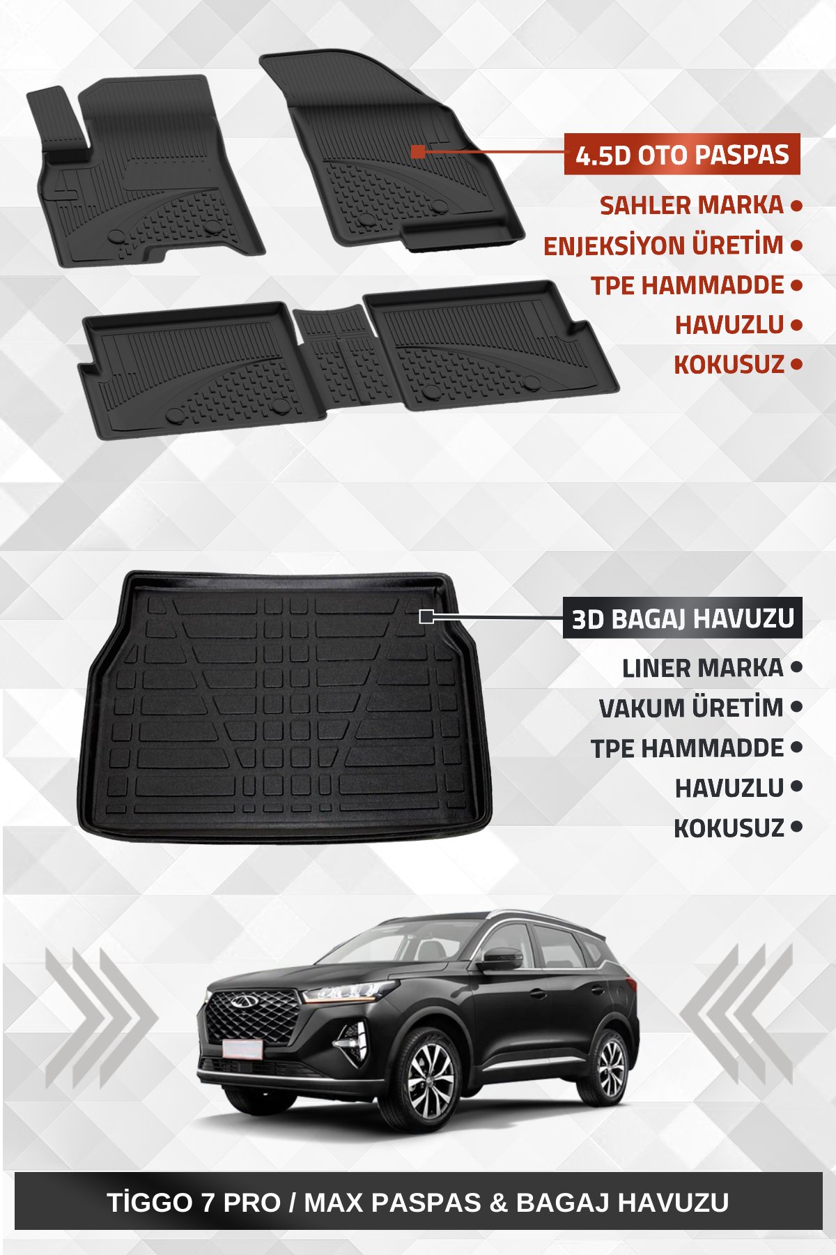 Sahler Chery Tiggo 7 Pro / Max 2022+ Uyumlu 4.5D Premium Havuzlu Paspas ve Liner Marka 3D Bagaj Havuzu