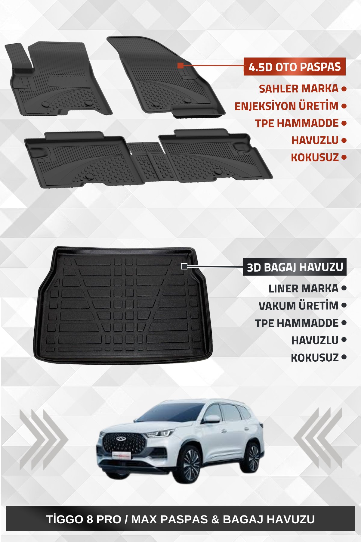 Sahler Chery Tiggo 8 Pro / Max 2022-2025 Uyumlu 4.5D Premium Havuzlu Paspas ve Liner Marka 3D Bagaj Havuzu