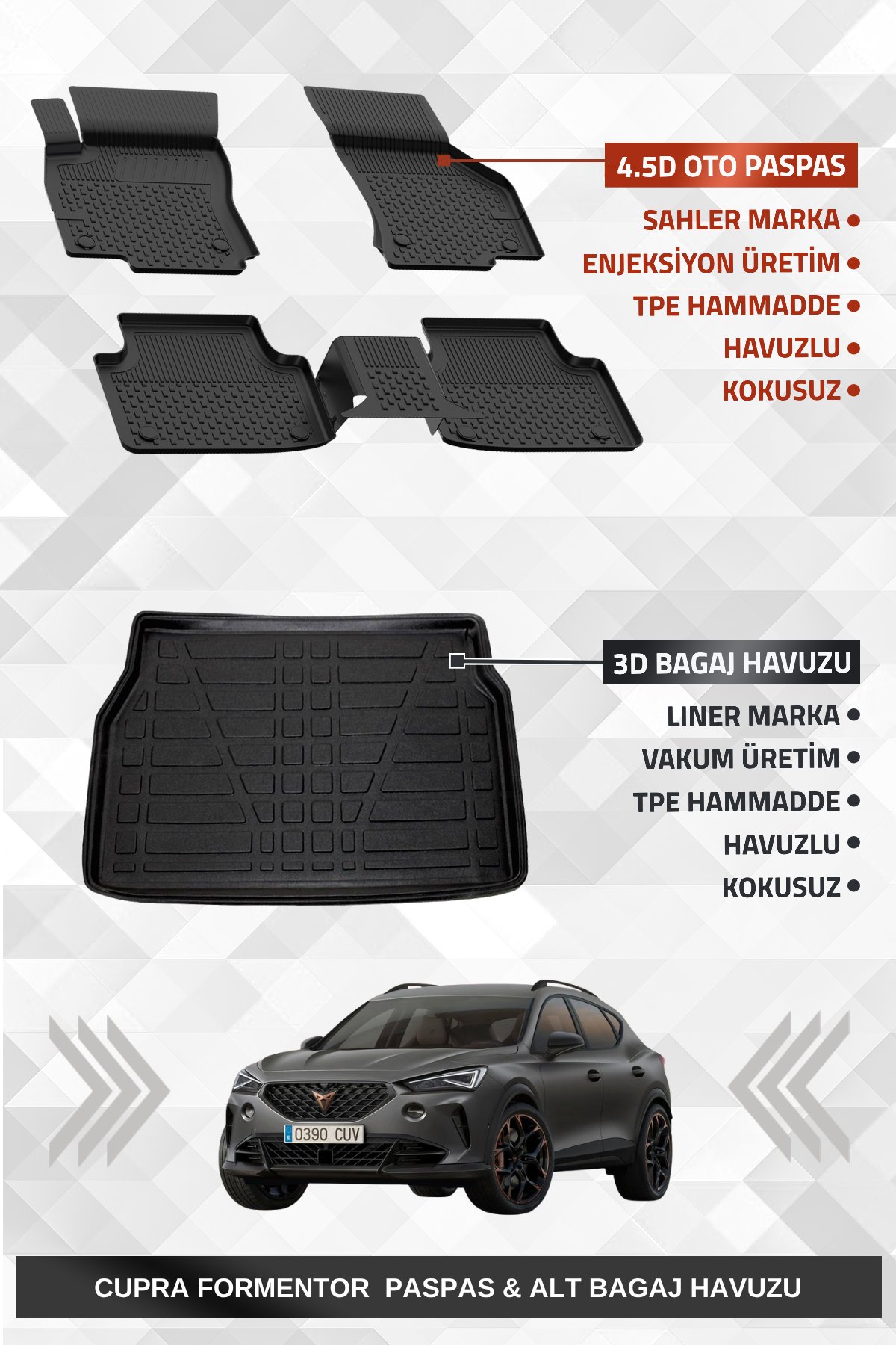 Sahler Cupra Formentor 2020-2024 Uyumlu 4.5D Premium Havuzlu Oto Paspas ve Liner Marka 3D ALT Bagaj Havuzu