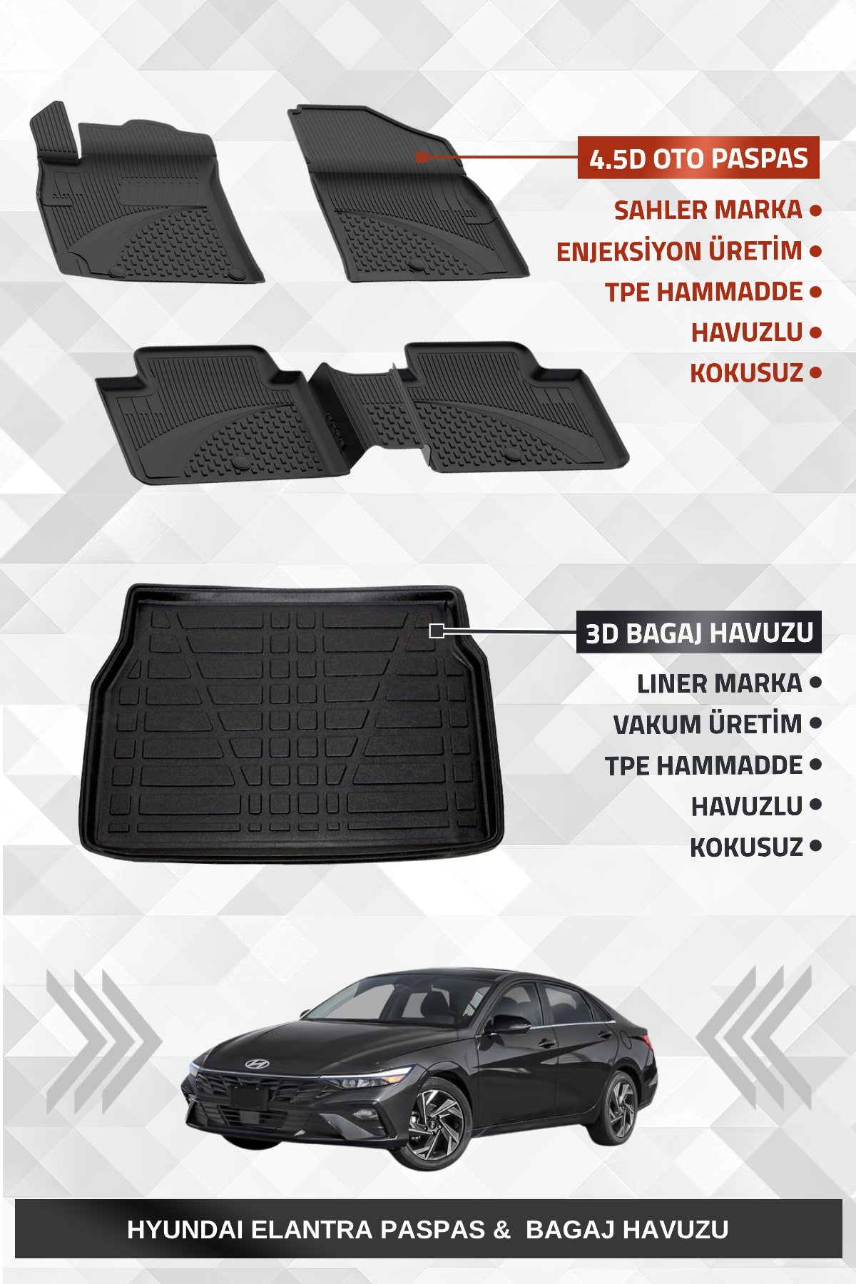 Sahler Hyundai Elantra 2021+ Uyumlu 4.5D Premium Havuzlu Oto Paspas ve Liner Marka 3D Bagaj Havuzu