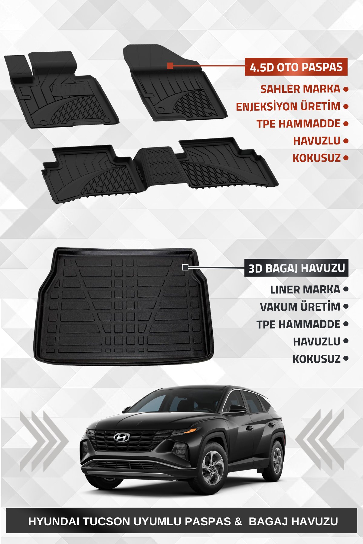 Sahler Hyundai Tucson 2021+ Uyumlu 4.5D Premium Havuzlu Paspas ve Liner Marka 3D Bagaj Havuzu