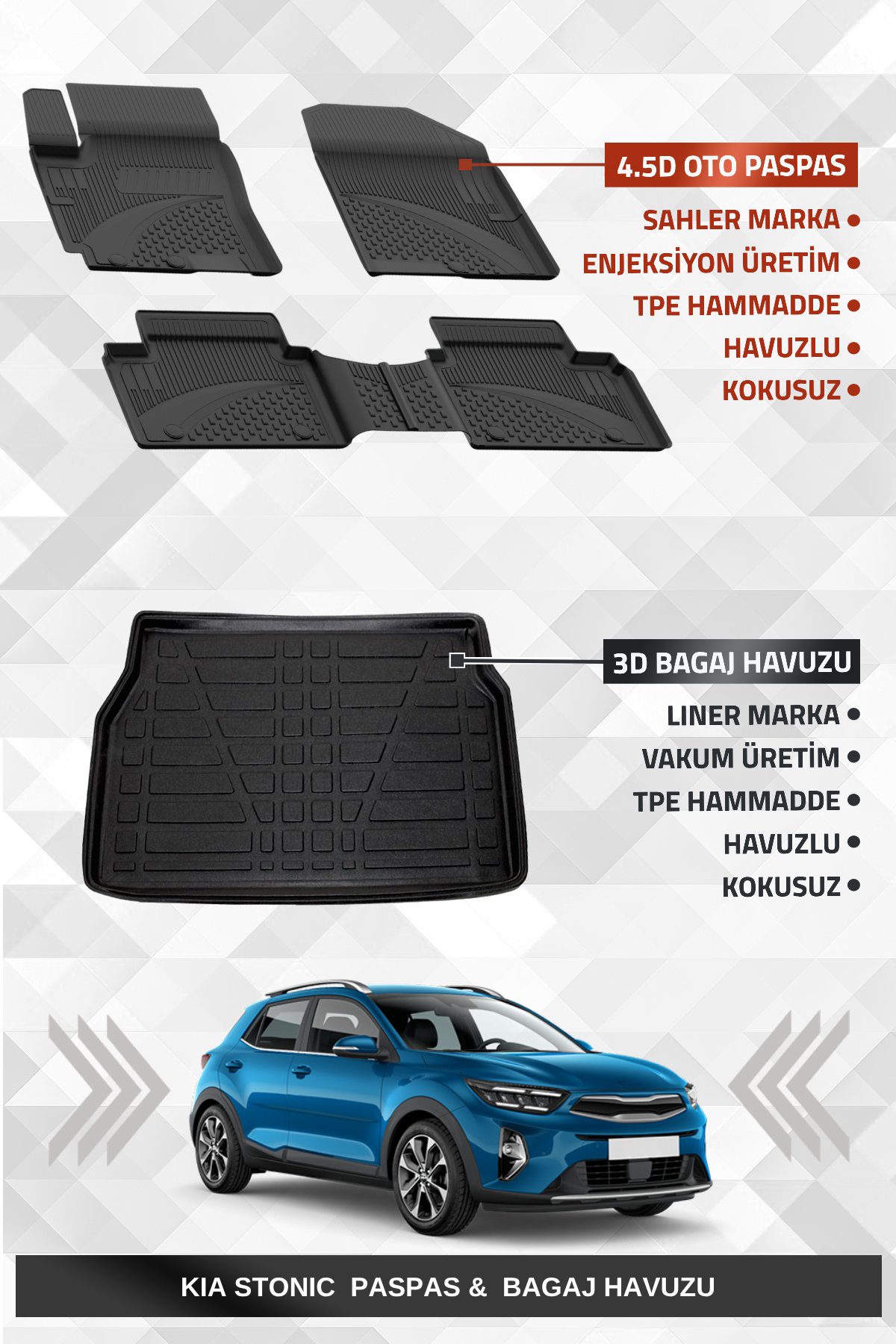 Sahler Kia Stonic 2017-2021(ESKİ LOGOLU)  Uyumlu 4.5D Premium Havuzlu Oto Paspas ve Liner Marka 3D Bagaj Havuzu
