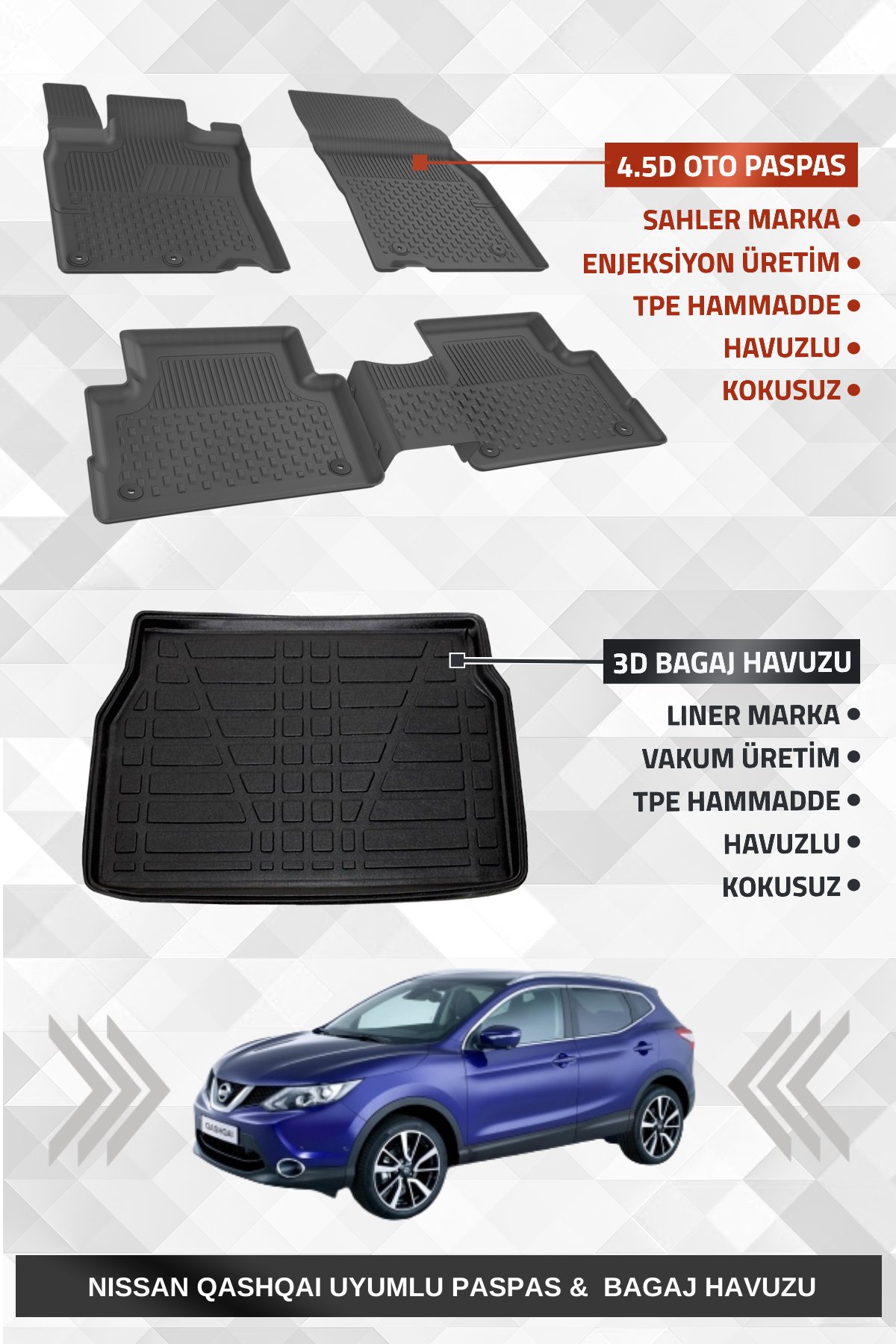 Sahler Nıssan Qashqai Visia 2014-2021 Uyumlu 4.5D Premium Havuzlu Oto Paspas ve Liner Marka 3D Bagaj Havuzu