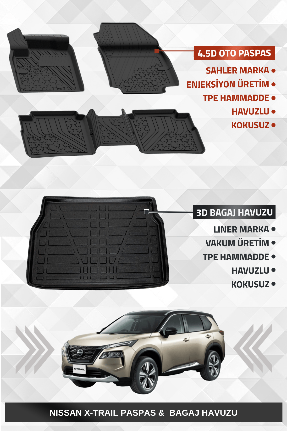 Sahler Nissan X-Trail Benzinli 2022+ Uyumlu 4.5D Premium Havuzlu Oto Paspas ve Liner Marka 3D Bagaj Havuzu