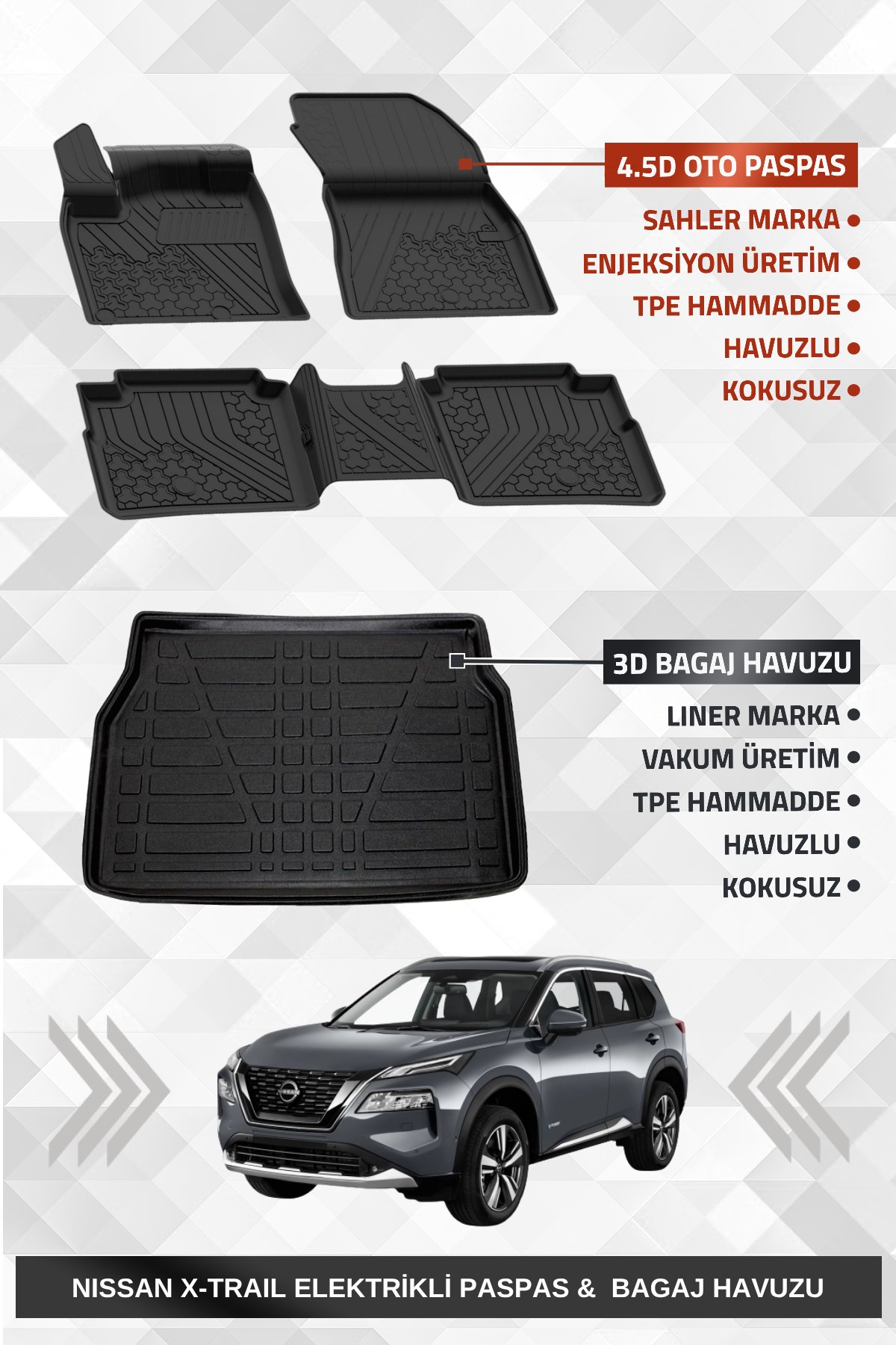 Sahler Nissan X-Trail Elektrikli 2022+ 7 Koltuklu Uyumlu Premium Havuzlu Oto Paspas ve Liner Bagaj Havuzu