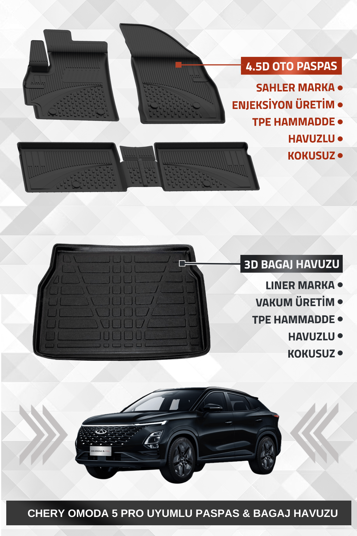 Sahler Omoda 5 PRO Uyumlu 4.5D Premium Havuzlu Oto Paspas ve Liner Marka 3D Bagaj Havuzu