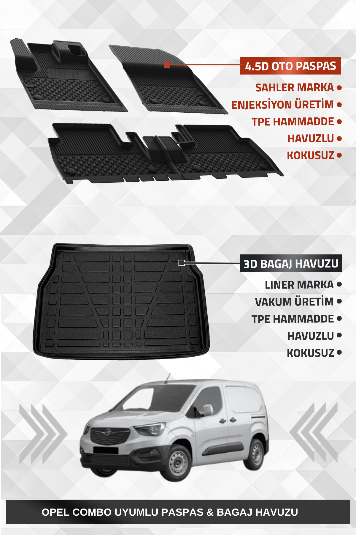 Sahler Opel Combo E 2019+ Uyumlu 4.5D Premium Havuzlu Oto Paspas ve Liner Marka 3D Bagaj Havuzu