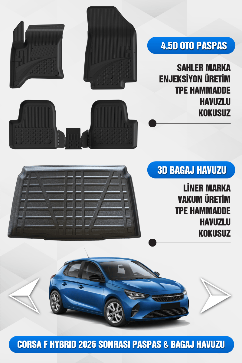 Sahler Opel Corsa F Hybrid 2024+ Uyumlu 4.5D Premium Havuzlu Oto Paspas ve Liner Marka 3D Bagaj Havuzu