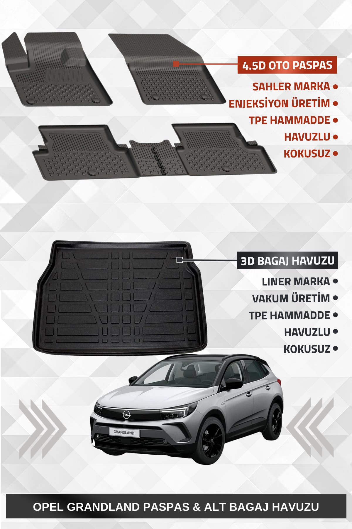 Sahler Opel Grandland 2017-2024 Uyumlu 4.5D Premium Havuzlu Oto Paspas ve Liner Marka 3D ALT Bagaj Havuzu - Grandland